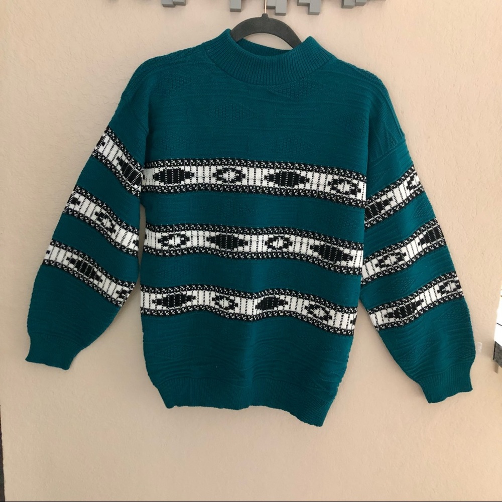 Vintage teal Aztec print mock neck sweater, medium